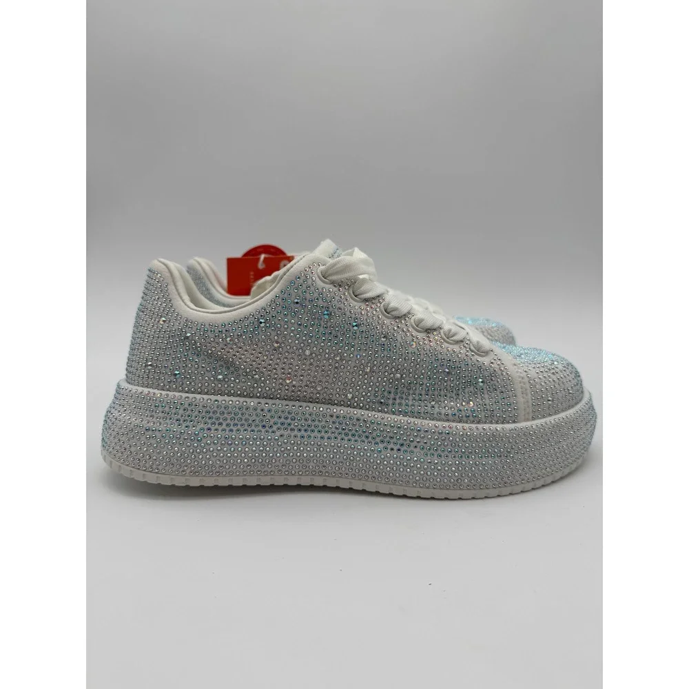 Women's Rhinestone Platform Sneaker Size 8 White‎ Sparkle Lace Up